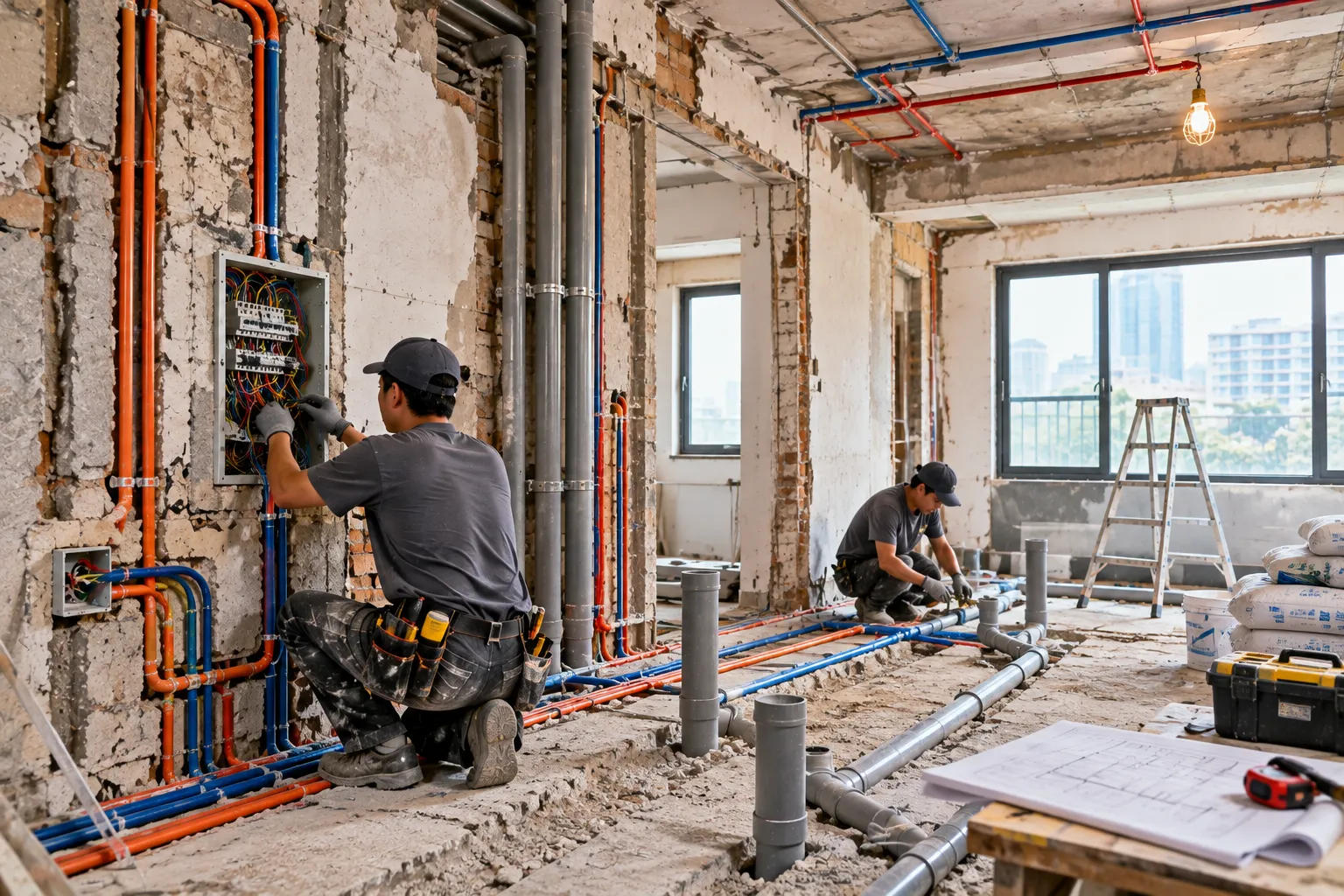 老屋水電更新施工現場進行牆面開槽、電線與管線更新
