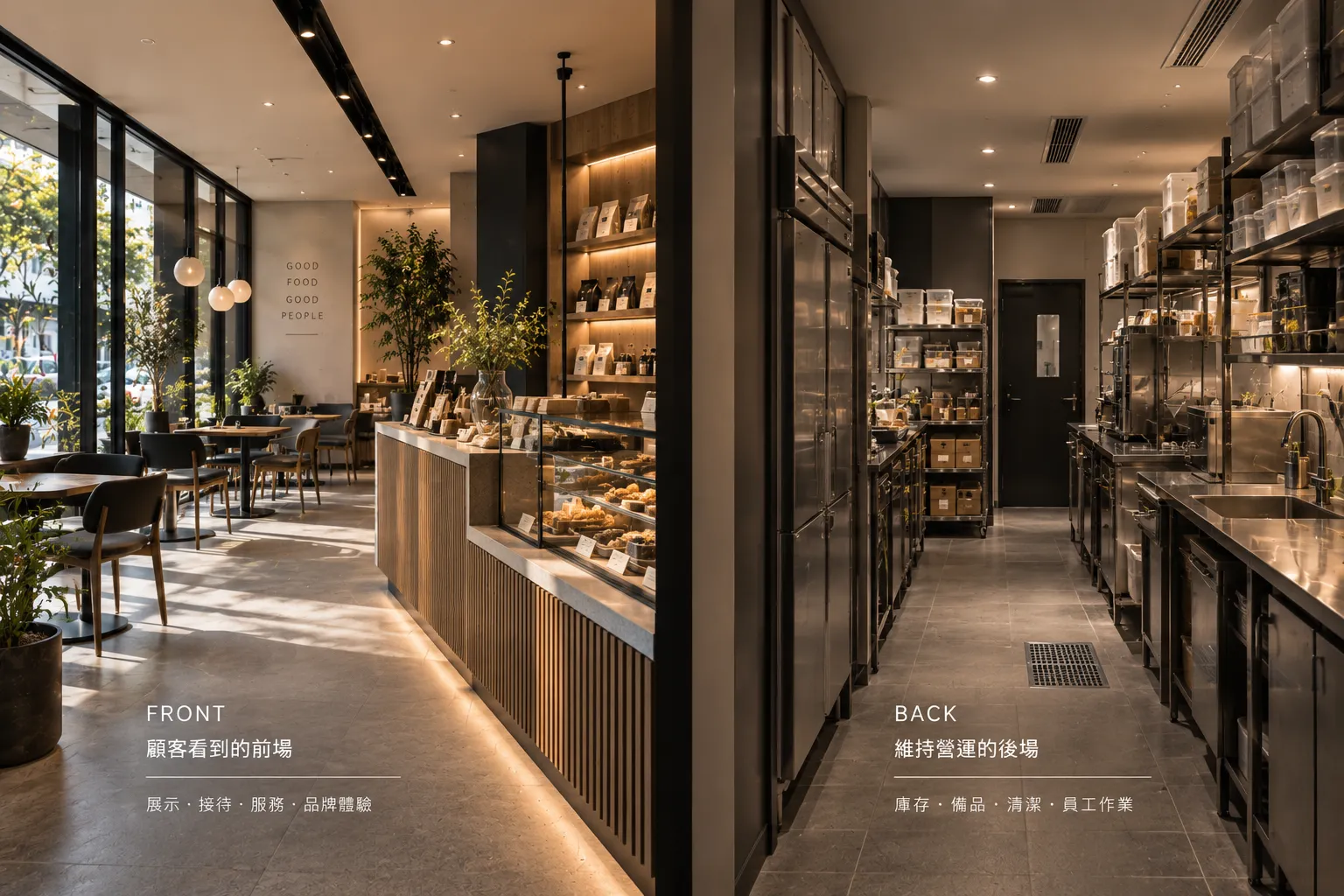 店面前場展示與後場收納空間